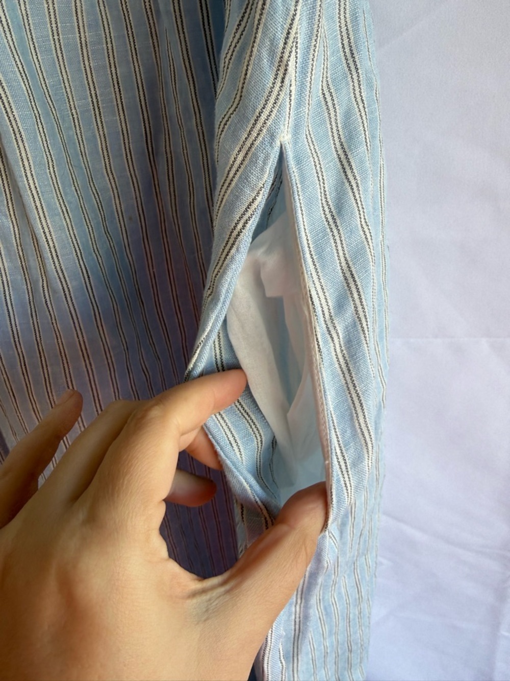 Madewell Linen Midi Dress XL Blue Stripe Button Front Puff Sleeve Pockets NWT - Picture 5 of 6